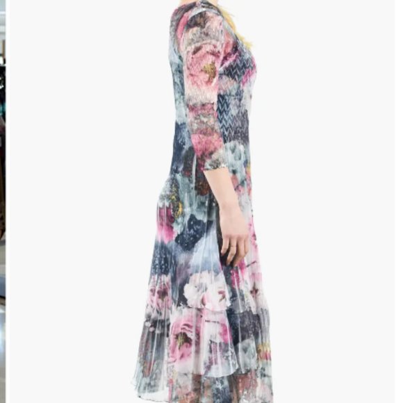 KOMAROV FLORAL CHARMEUSE & CHIFFON COCKTAIL RAPTURE ROSE DRESS sz S - Picture 2 of 3